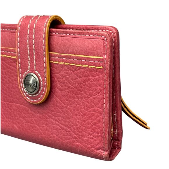 Fossil Pink Pebbled Leather Orange Trim Stitching Snap Closure Wallet - Picture 2 of 7